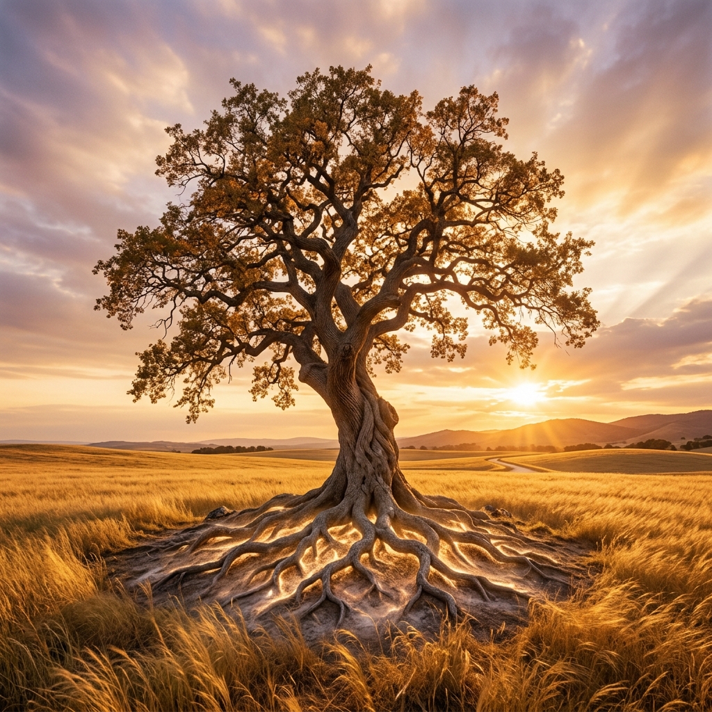Paisaje sereno de un árbol ancestral al atardecer