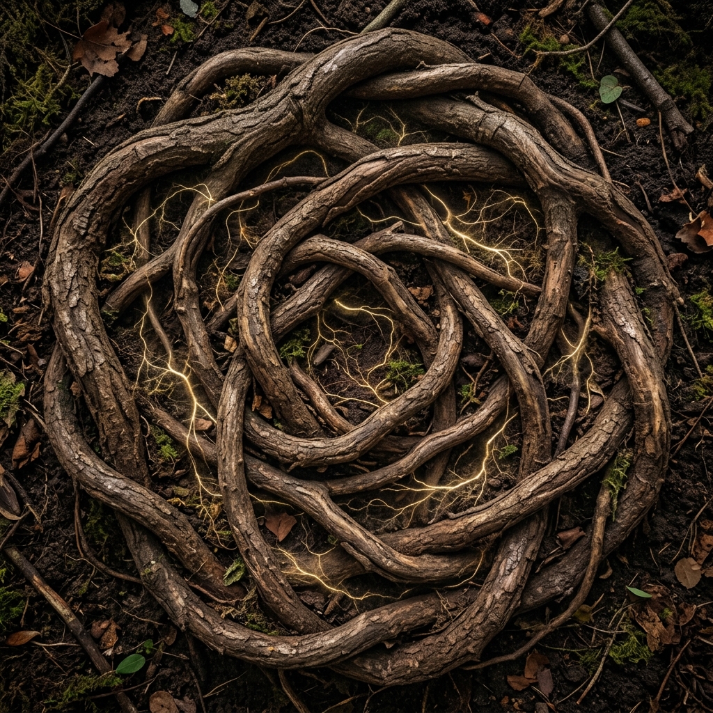 Vista fotográfica de raíces entrelazadas formando un mandala natural iluminado por micelios