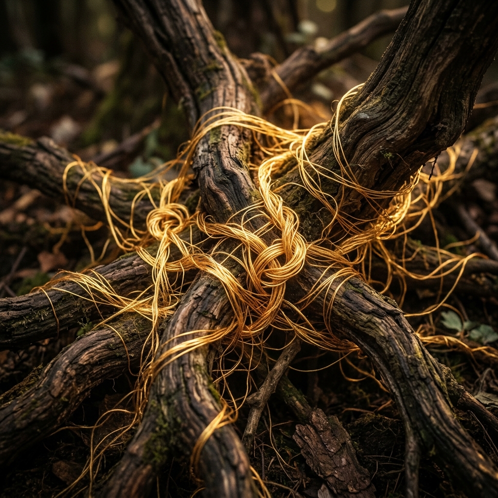 Fotografía macro de raíces antiguas e hilos dorados intrincadamente anudados, representando los enredos ancestrales y vínculos sistémicos