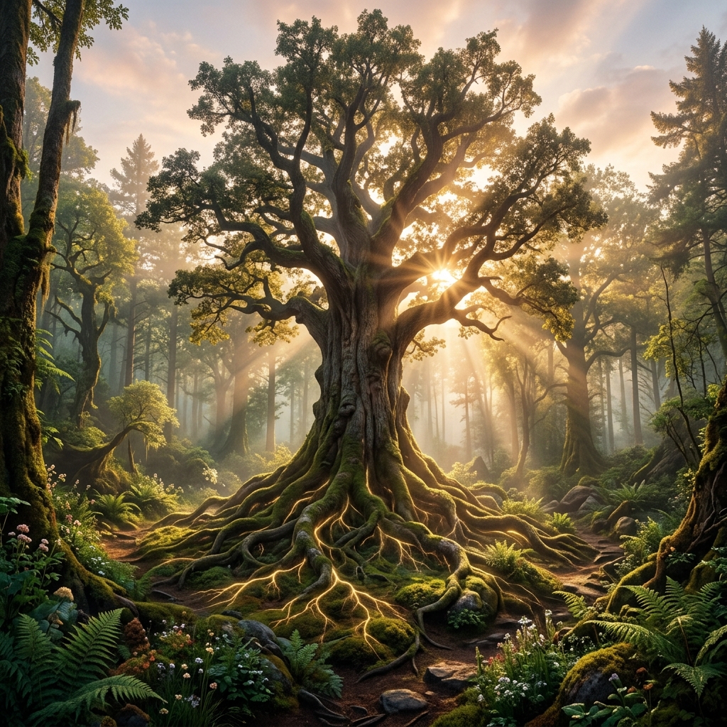 Paisaje al amanecer de un árbol ancestral majestuoso meciéndose al viento