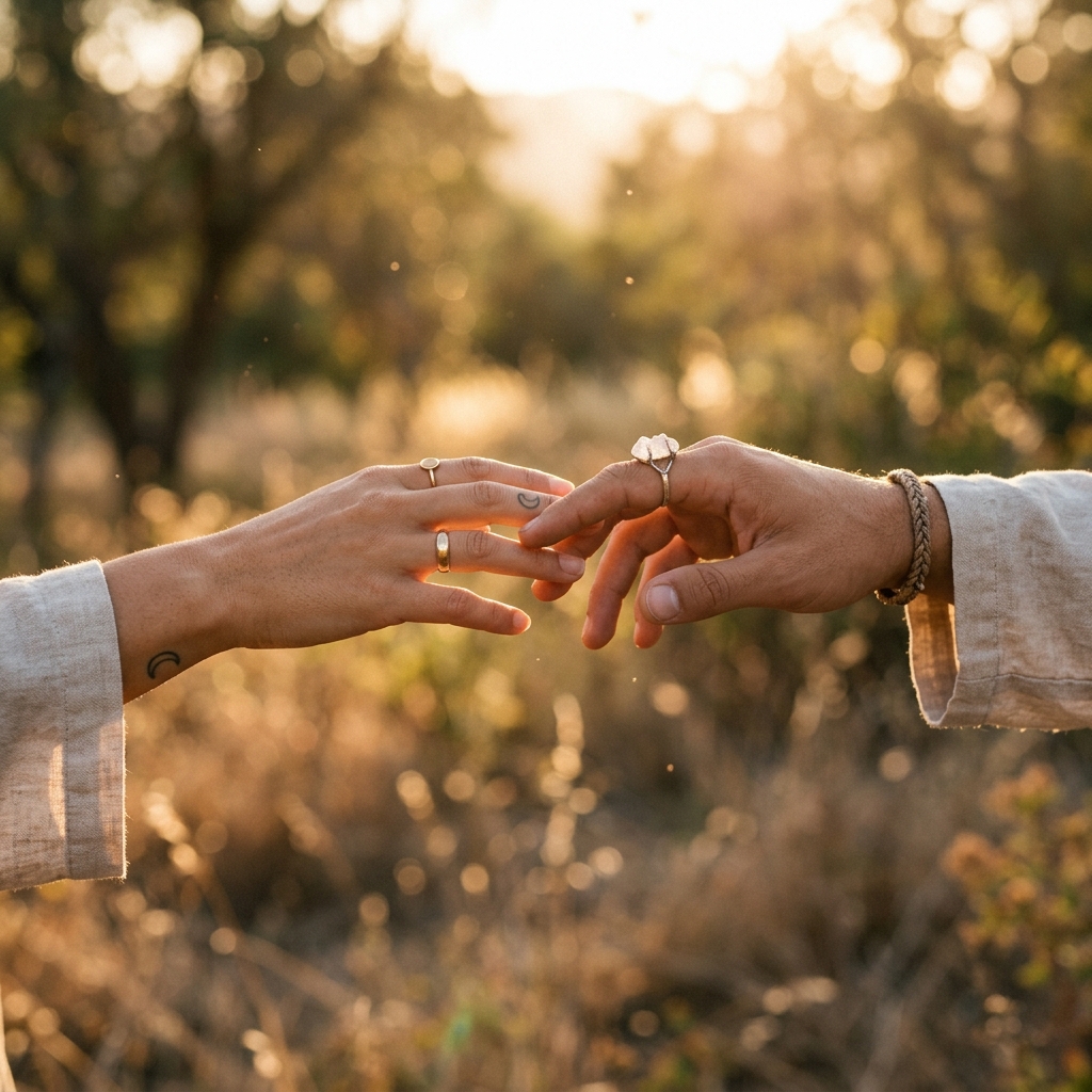 Dos manos de diferentes personas rozándose los dedos suavemente, soltando, como símbolo de límites amorosos