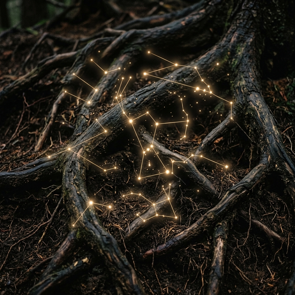 Fotografía macro de raíces entrelazadas con un patrón de constelación de luz dorada superpuesto
