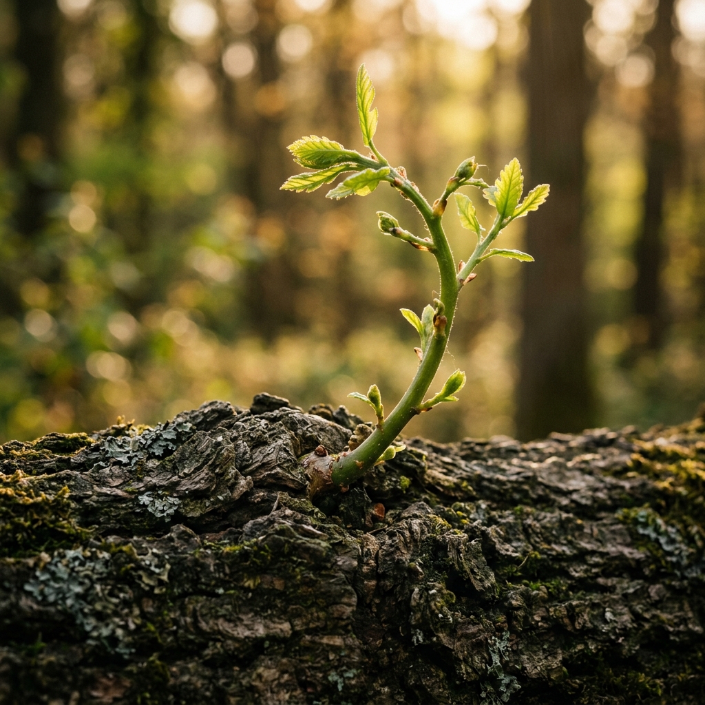 Una rama nueva y fuerte creciendo directamente de una rama más grande y antigua, simbolizando el lugar de pertenencia y la fuerza del origen