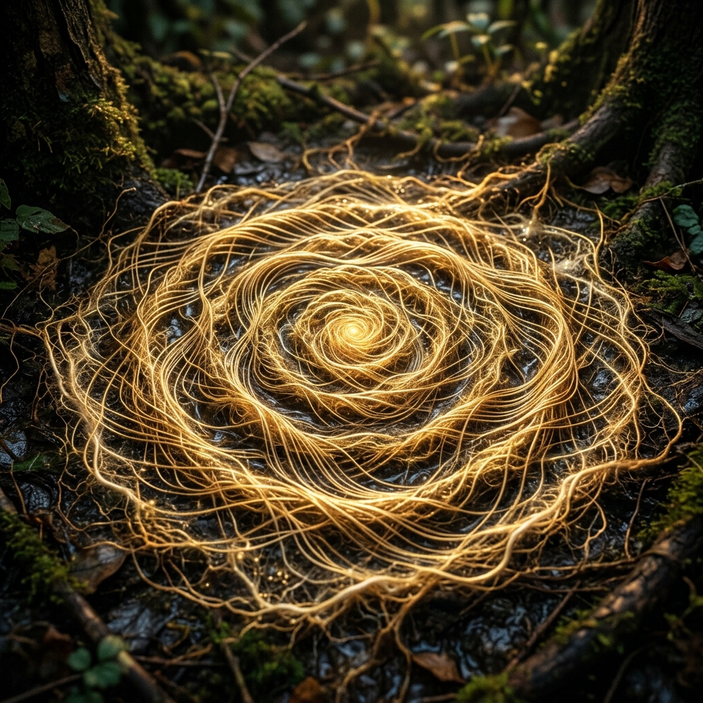 Hilos dorados y raíces vibrantes en movimiento constante